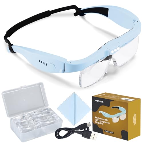 YOCTOSUN Magnifying Glasses with Light, Magnifier Headset with 5 Detachable Lenses 0.75X-4.0X and 3 LED Lights, Rechargeable Hands Free Head Magnifying Glass for Close Work Hobby Crafts Jewelry - Image 1