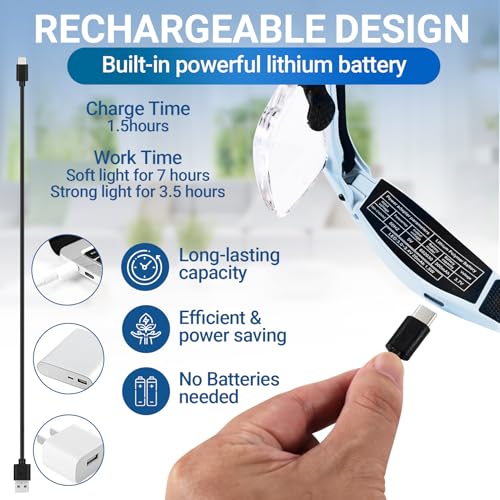 YOCTOSUN Magnifying Glasses with Light, Magnifier Headset with 5 Detachable Lenses 0.75X-4.0X and 3 LED Lights, Rechargeable Hands Free Head Magnifying Glass for Close Work Hobby Crafts Jewelry - Image 5