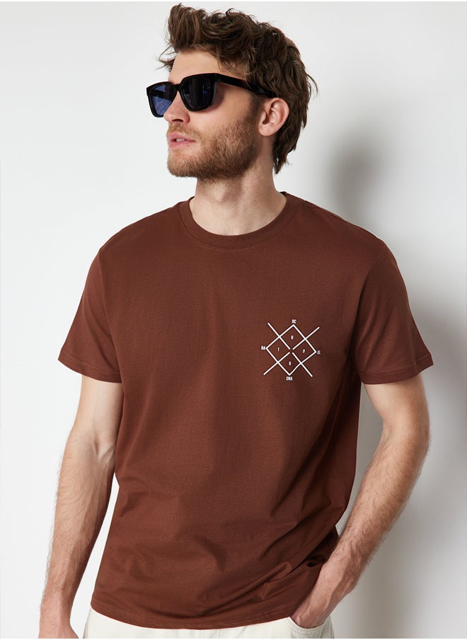 trendyol Plus Size Dark Brown Regular Cut Printed 100% Cotton T-Shirt TMNSS24BF00051  - Image 1