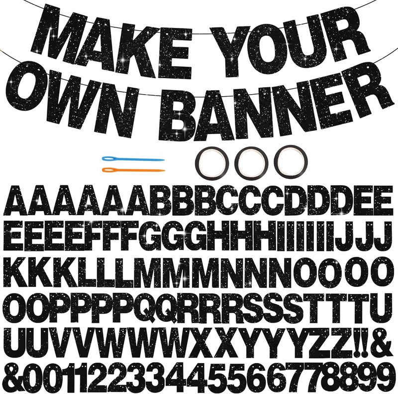 BEISHIDA مجموعة لافتات بيشيدا 116 قطعة بألوان الجليتر السوداء اصنع لافتتك الخاصة تتضمن 111 حرفًا ورقمًا و3 حبال و2 جهاز خياطة مخصص لزينة حفلات عيد الميلاد والتخرج والزفاف - Image 1