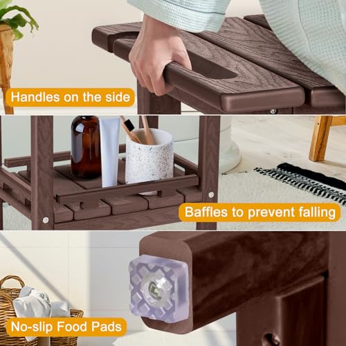 nalone Shower Bench, HDPE Shower Benches for Inside Shower, Small Shower Chair Seat for Shaving Legs with Storage Shelf & Handles, Indoor and Outdoor Use (Wood) - Image 2