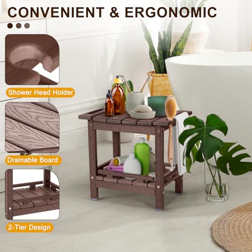 nalone Shower Bench, HDPE Shower Benches for Inside Shower, Small Shower Chair Seat for Shaving Legs with Storage Shelf & Handles, Indoor and Outdoor Use (Wood) - Image 3