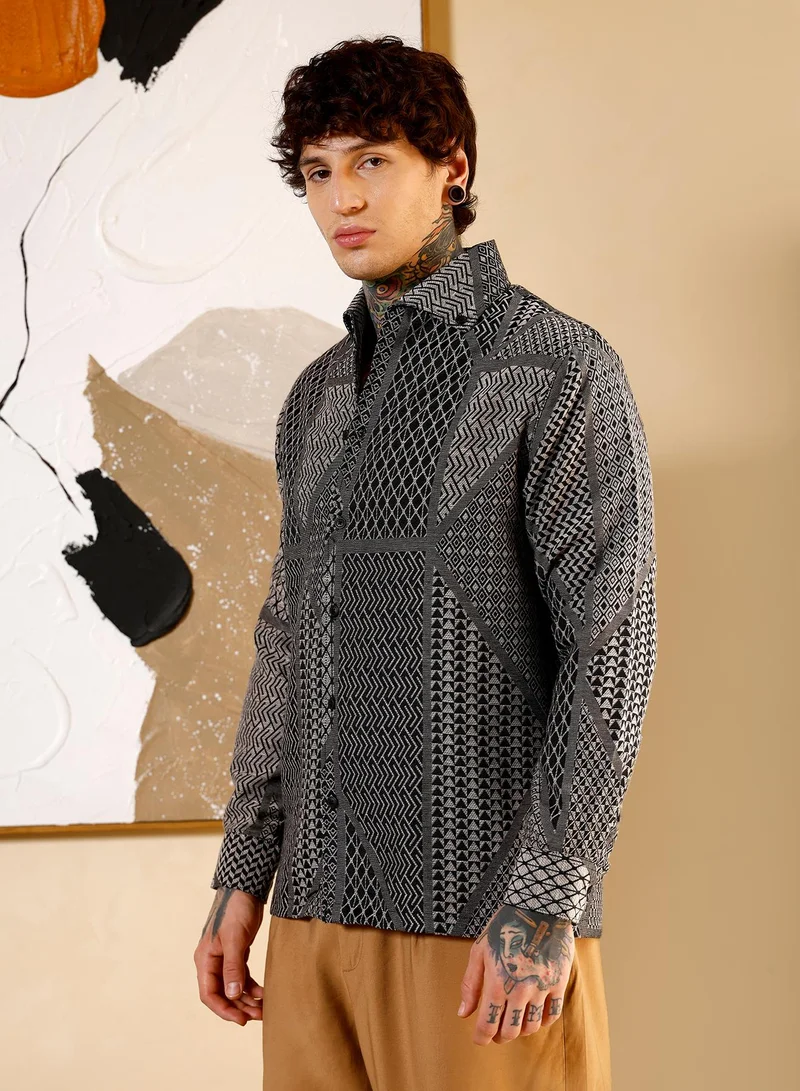 Campus Sutra Campus Sutra Men Geometric-Blocks Jacquard Shirt | Button-Down One-Piece Collar Long Cuffed Sleeves | Button Closure Curved Hem | Geometric Jacquard | Woven Fabric For Casual & Party Wear | Black