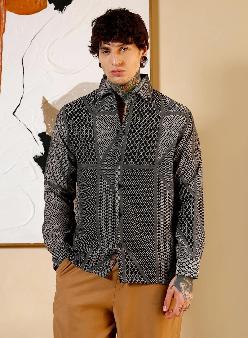 كامبوس سوترا Campus Sutra Men Geometric-Blocks Jacquard Shirt | Button-Down One-Piece Collar Long Cuffed Sleeves | Button Closure Curved Hem | Geometric Jacquard | Woven Fabric For Casual & Party Wear | Black