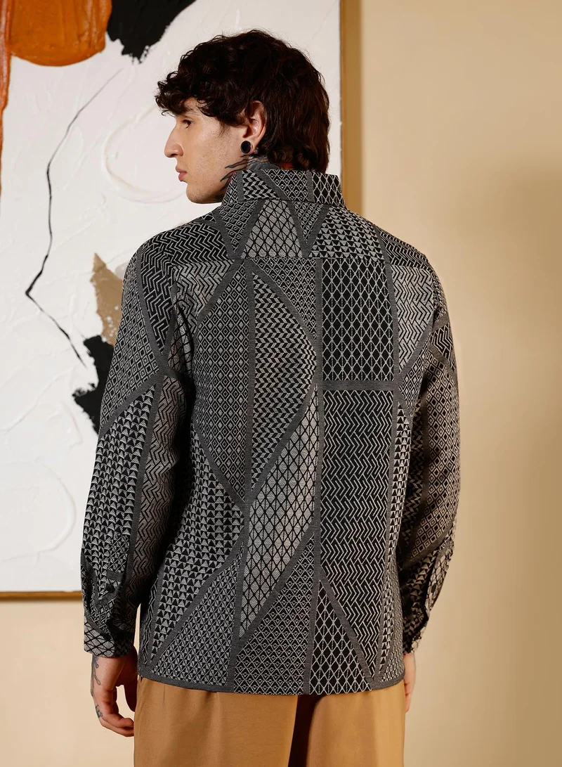 Campus Sutra Campus Sutra Men Geometric-Blocks Jacquard Shirt | Button-Down One-Piece Collar Long Cuffed Sleeves | Button Closure Curved Hem | Geometric Jacquard | Woven Fabric For Casual & Party Wear | Black