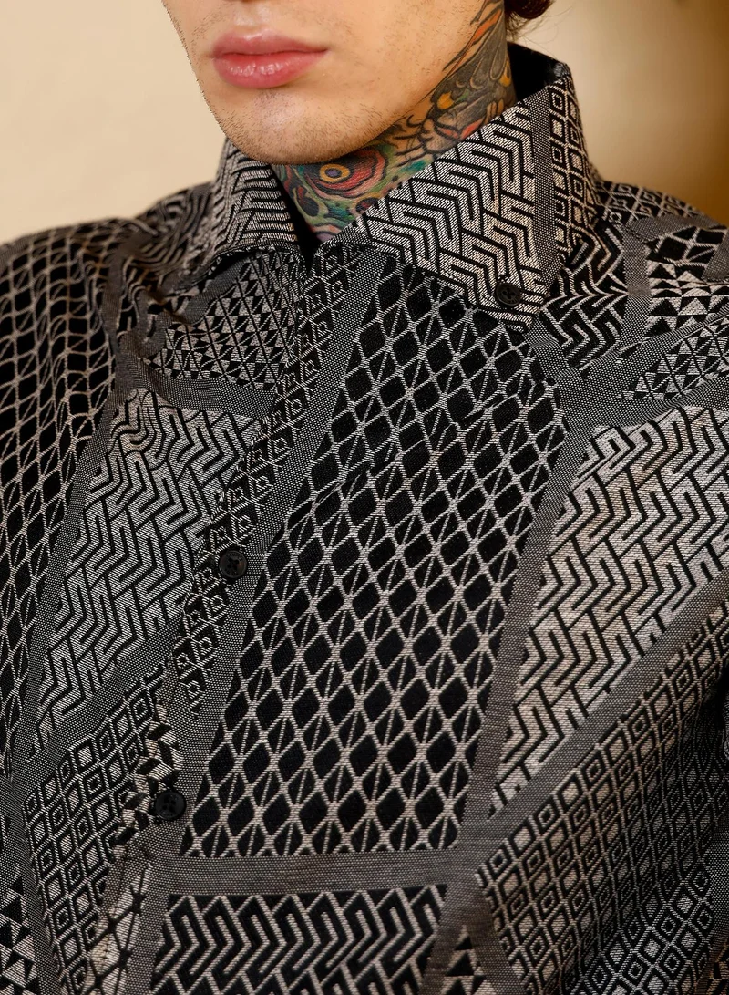 Campus Sutra Campus Sutra Men Geometric-Blocks Jacquard Shirt | Button-Down One-Piece Collar Long Cuffed Sleeves | Button Closure Curved Hem | Geometric Jacquard | Woven Fabric For Casual & Party Wear | Black
