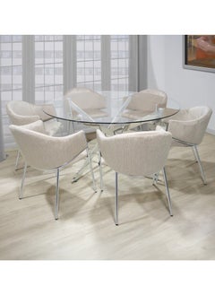 VANITY LIVING VANITY LIVING Davos Chrome Round Dining Table Set 6 Seater with Perla Taupe Chairs – Modern, Stylish & Comfortable for Living Room and Dining Room  - Image 1