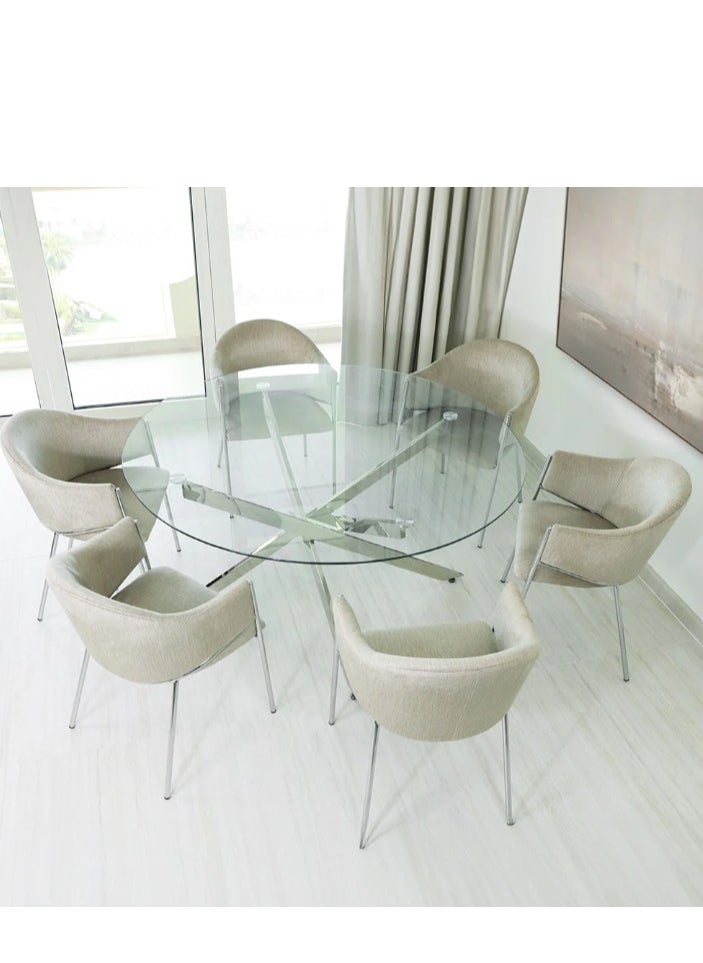 VANITY LIVING Davos Chrome Round Dining Table Set 6 Seater with Perla Taupe Chairs – Modern, Stylish & Comfortable for Living Room and Dining Room - pzsku/ZF9F03E908CB1774F2DDAZ/45/_/1734613282/cca2b9d0-4179-4c43-8770-6c1e950b2cd9