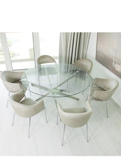 VANITY LIVING VANITY LIVING Davos Chrome Round Dining Table Set 6 Seater with Perla Taupe Chairs – Modern, Stylish & Comfortable for Living Room and Dining Room  - Image 2