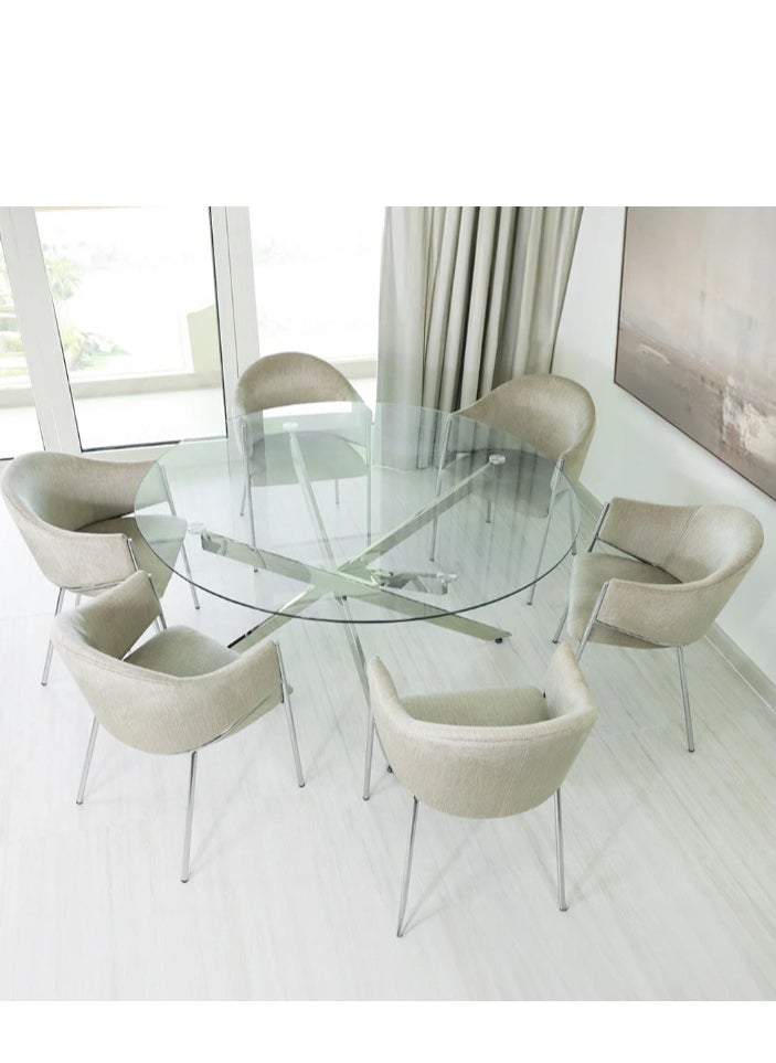 VANITY LIVING VANITY LIVING Davos Chrome Round Dining Table Set 6 Seater with Perla Taupe Chairs – Modern, Stylish & Comfortable for Living Room and Dining Room  - Image 2
