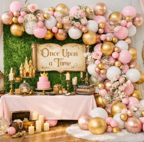 Beaumode Rose Gold Pink White Balloon Garland Arch 160PCS Confetti Balloons Baby Shower Once Upon a Time Princess Birthday Fairytale Engagement Bridal Shower Party Decoration - Image 1