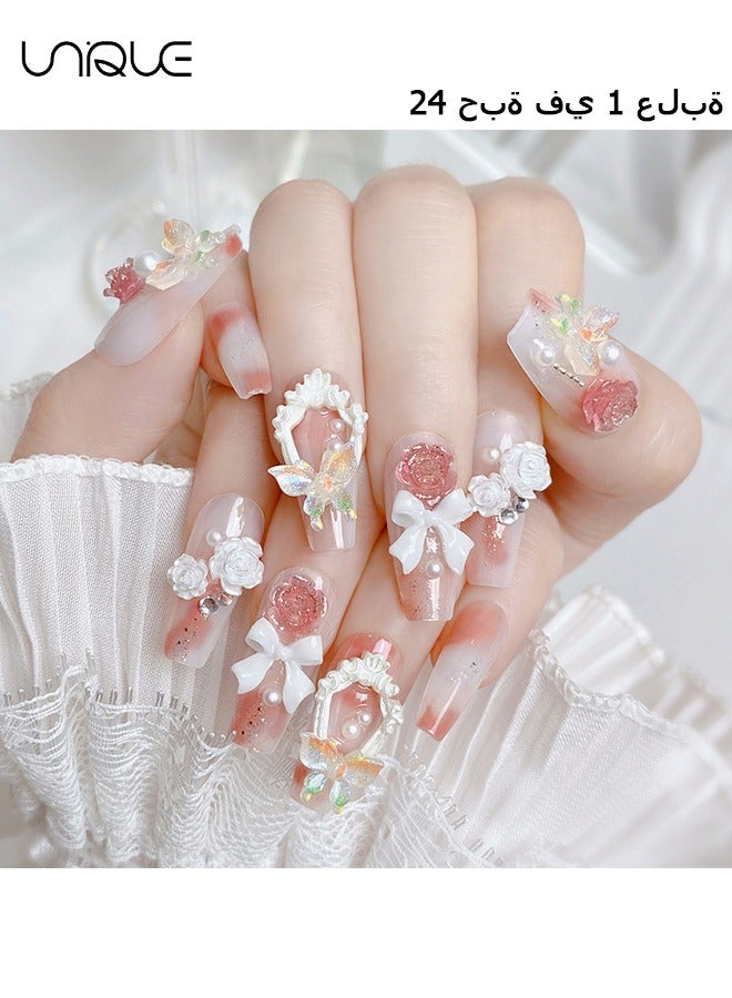 يونيك 24 قطعة أظافر مزيفة ، أظافر الصحافة ، مانيكير باليه متوسط الطول - مانيكير لؤلؤي وردي متدرج - مانيكير فراشة روز ملونة ثلاثية الأبعاد - رقعة أظافر مزيفة - Image 1