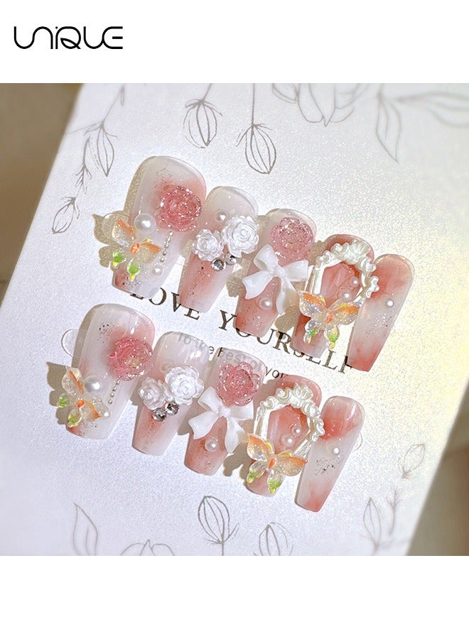 يونيك 24 قطعة أظافر مزيفة ، أظافر الصحافة ، مانيكير باليه متوسط الطول - مانيكير لؤلؤي وردي متدرج - مانيكير فراشة روز ملونة ثلاثية الأبعاد - رقعة أظافر مزيفة - Image 3