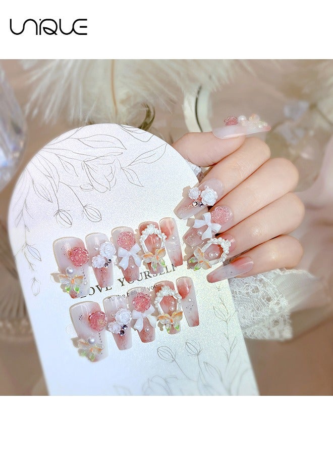 يونيك 24 قطعة أظافر مزيفة ، أظافر الصحافة ، مانيكير باليه متوسط الطول - مانيكير لؤلؤي وردي متدرج - مانيكير فراشة روز ملونة ثلاثية الأبعاد - رقعة أظافر مزيفة - Image 2