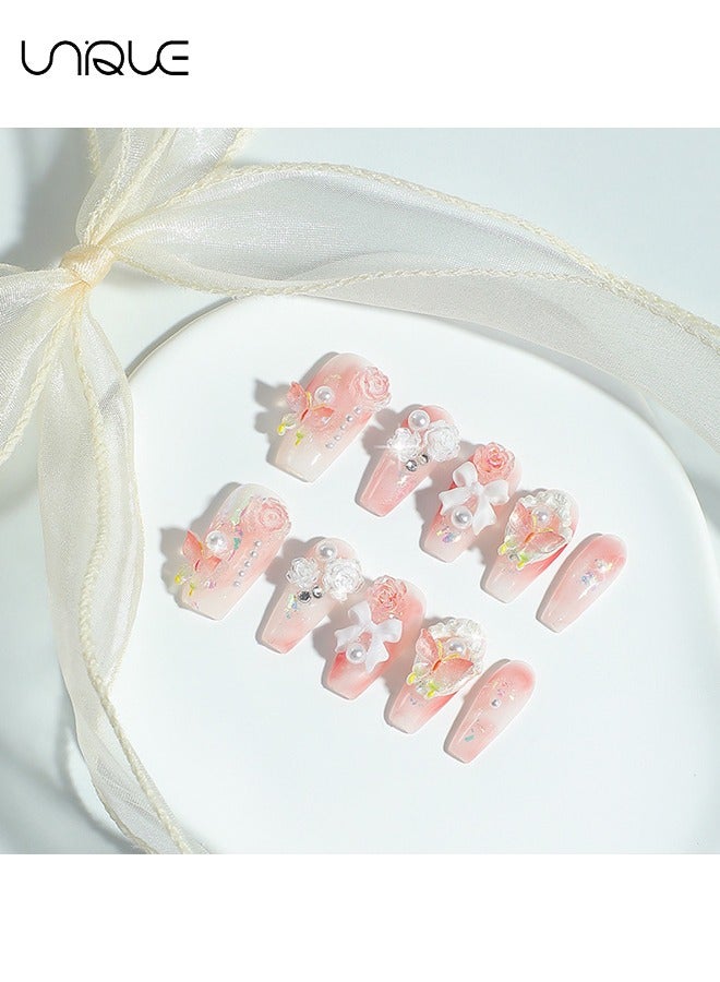 يونيك 24 قطعة أظافر مزيفة ، أظافر الصحافة ، مانيكير باليه متوسط الطول - مانيكير لؤلؤي وردي متدرج - مانيكير فراشة روز ملونة ثلاثية الأبعاد - رقعة أظافر مزيفة - Image 4