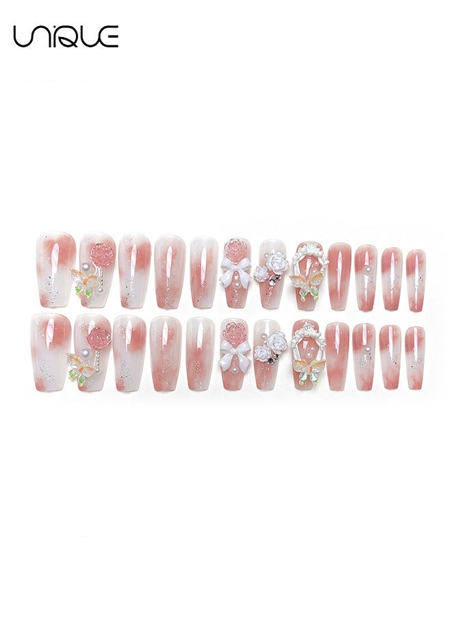 يونيك 24 قطعة أظافر مزيفة ، أظافر الصحافة ، مانيكير باليه متوسط الطول - مانيكير لؤلؤي وردي متدرج - مانيكير فراشة روز ملونة ثلاثية الأبعاد - رقعة أظافر مزيفة - Image 5