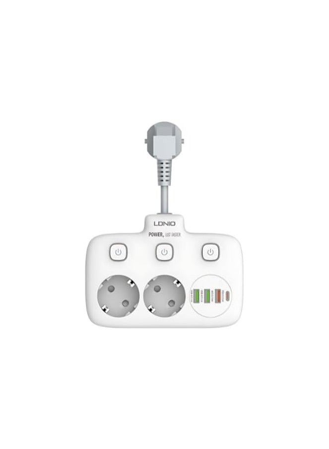 LDNIO SE2435 EU Outlets Power Strip Tower With 2 Outlet Wall Electric Plug PD 20W And USB, 2500 Watt Power - White  - Image 1
