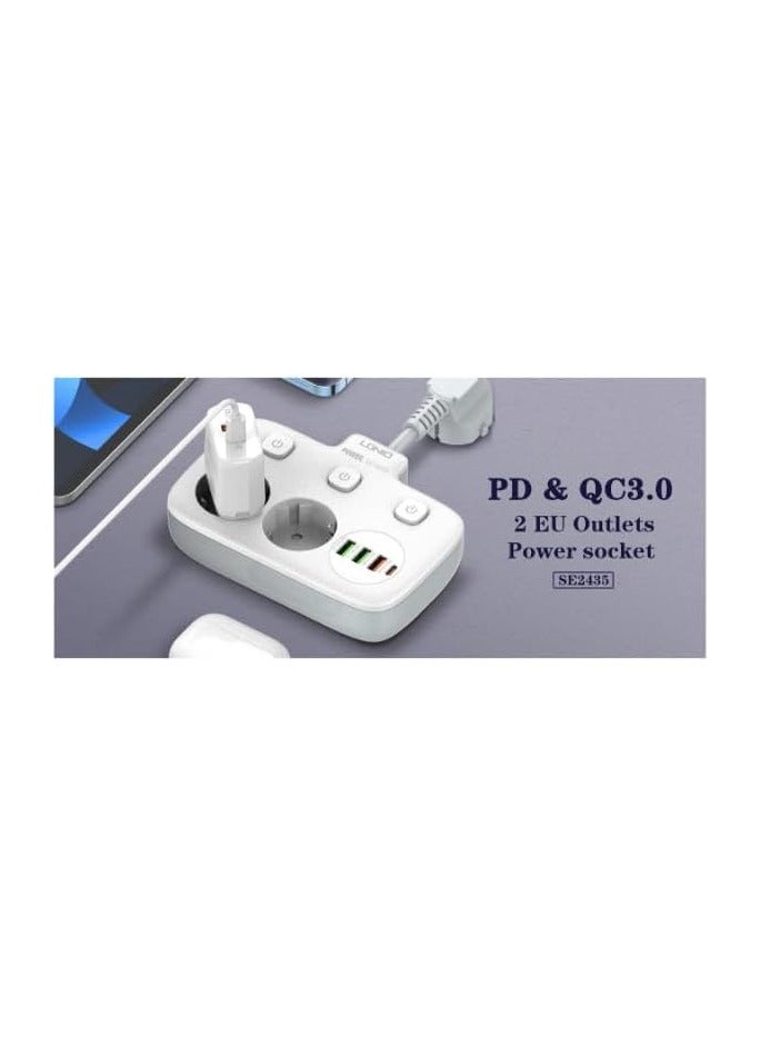LDNIO SE2435 EU Outlets Power Strip Tower With 2 Outlet Wall Electric Plug PD 20W And USB, 2500 Watt Power - White  - Image 4