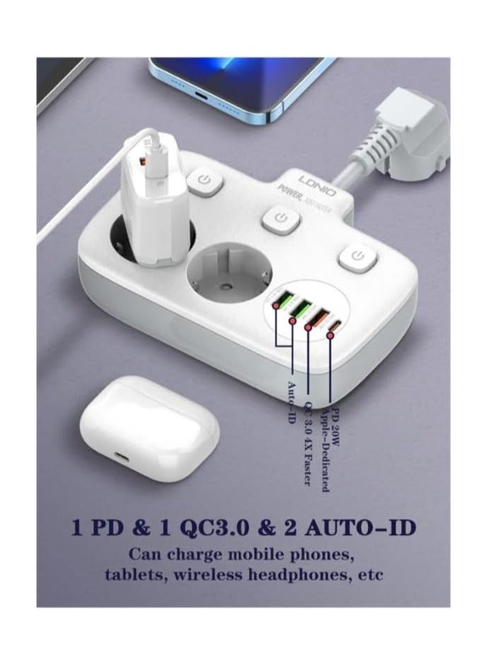 LDNIO SE2435 EU Outlets Power Strip Tower With 2 Outlet Wall Electric Plug PD 20W And USB, 2500 Watt Power - White  - Image 5