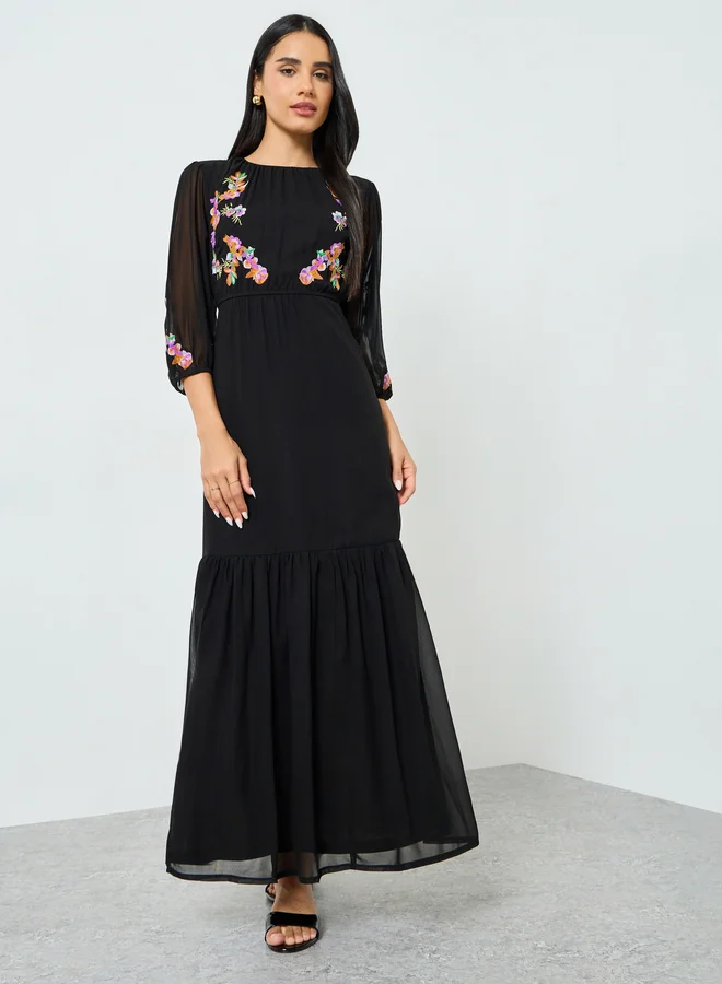 Styli Black Embroidered Ruffled Hem Maxi Dress