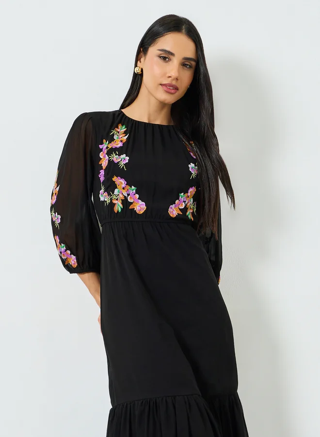 Styli Black Embroidered Ruffled Hem Maxi Dress