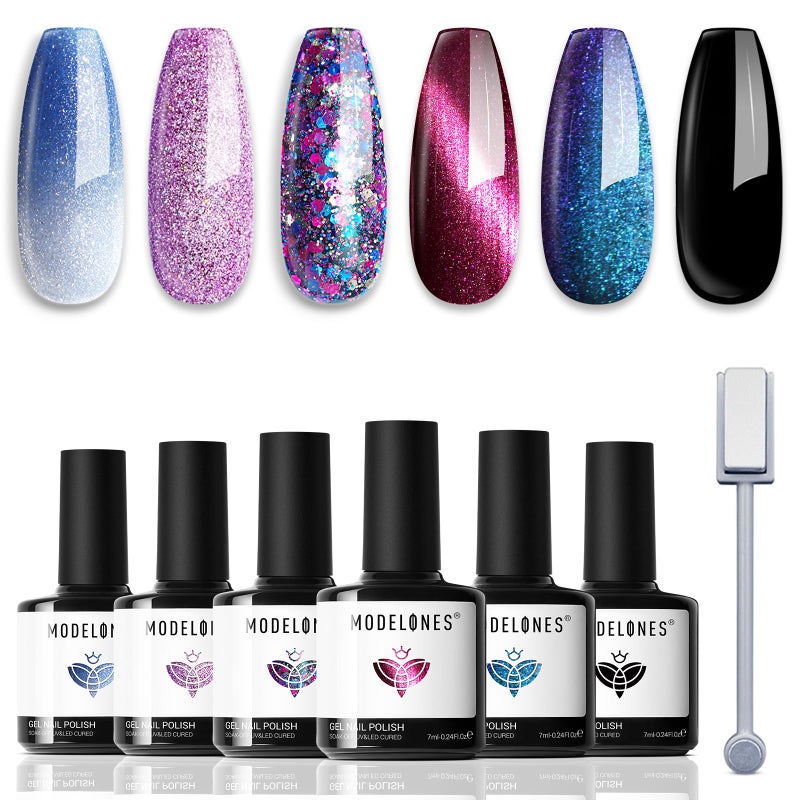 modelones Glitter Gel Nail Polish Set 6 Colors, Blue Color Changing Red Cat Eye Magnetic Gel Polish Chameleon Reflective Temperature Black Pink Nail Polish Soak Off LED Nail Art Manicure Kit Gift - Image 1
