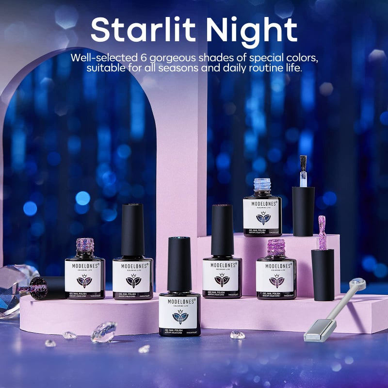 modelones Glitter Gel Nail Polish Set 6 Colors, Blue Color Changing Red Cat Eye Magnetic Gel Polish Chameleon Reflective Temperature Black Pink Nail Polish Soak Off LED Nail Art Manicure Kit Gift - Image 2