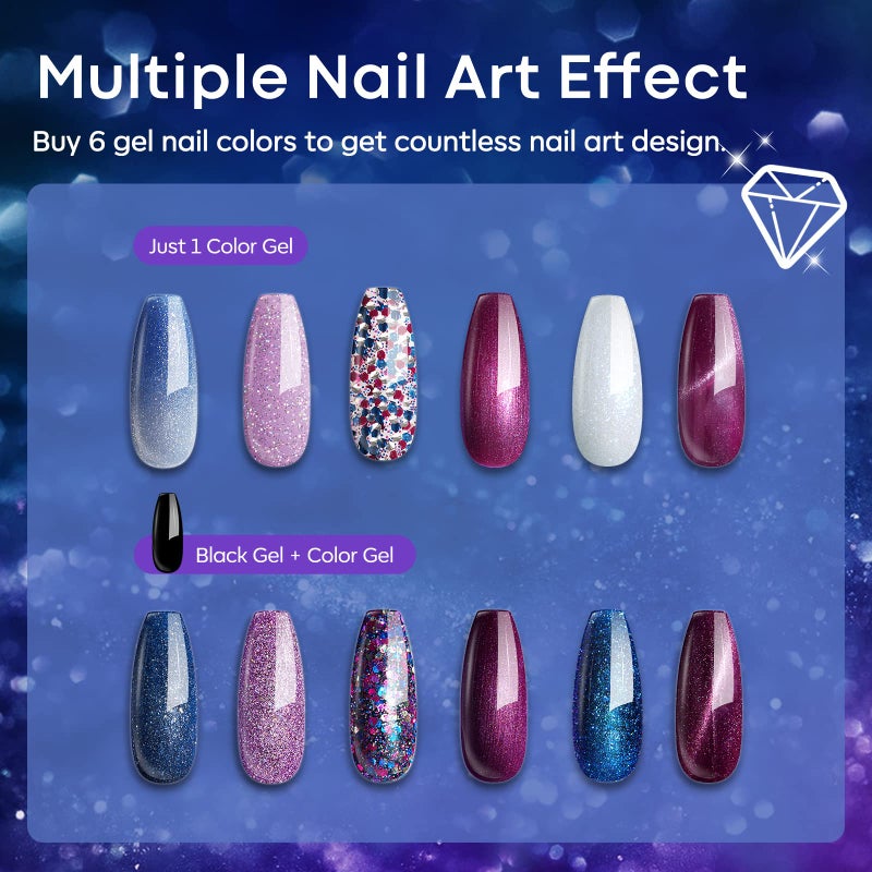 modelones Glitter Gel Nail Polish Set 6 Colors, Blue Color Changing Red Cat Eye Magnetic Gel Polish Chameleon Reflective Temperature Black Pink Nail Polish Soak Off LED Nail Art Manicure Kit Gift - Image 4
