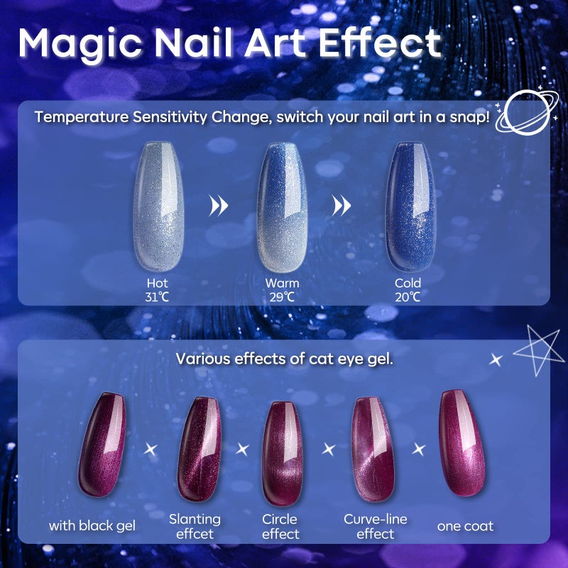 modelones Glitter Gel Nail Polish Set 6 Colors, Blue Color Changing Red Cat Eye Magnetic Gel Polish Chameleon Reflective Temperature Black Pink Nail Polish Soak Off LED Nail Art Manicure Kit Gift - Image 5