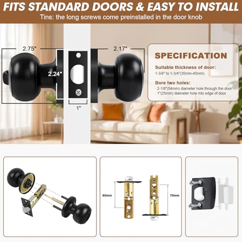 RAZCC Privacy Door Knobs, 10 Pack Matte Black Door Knobs with Lock, Bed and Bath Door Knob Interior Keyless Locksets, Round Door Handles Reversible for Left Right Handed Doors - Image 4