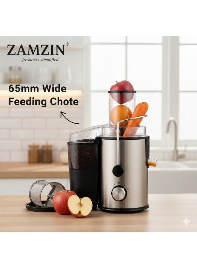 ZAMZIN 500W Juicer Machine with 400ml Jug, Wide Feeding Tube, Dual Speed Control, Stainless Steel Body, BPA-Free, Juice Extractor for Whole Fruits & Vegetables, Overheat Protection, Low Energy - Image 5