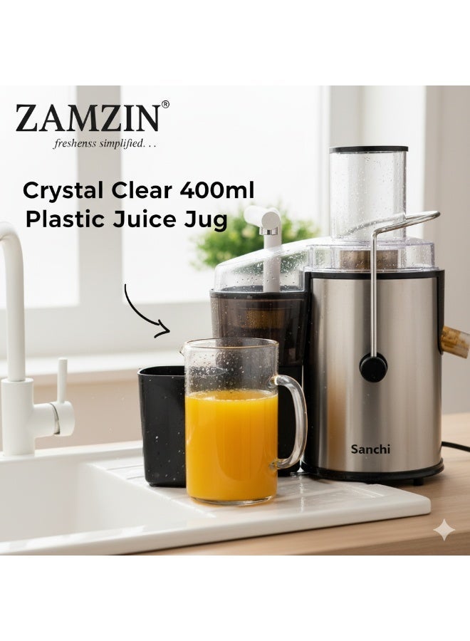 ZAMZIN 500W Juicer Machine with 400ml Jug, Wide Feeding Tube, Dual Speed Control, Stainless Steel Body, BPA-Free, Juice Extractor for Whole Fruits & Vegetables, Overheat Protection, Low Energy - Image 3