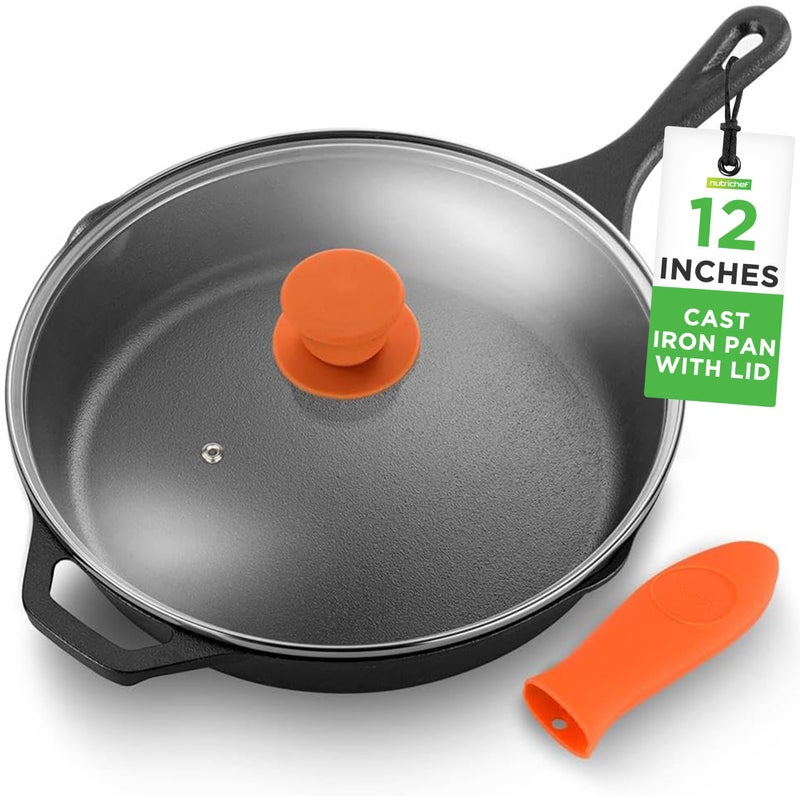 NutriChef 12Inch Cast Iron Skillet wLid PreSeasoned Oven Safe Nonstick CoolTouch Silicone Handle For All Cooktops NCCI12