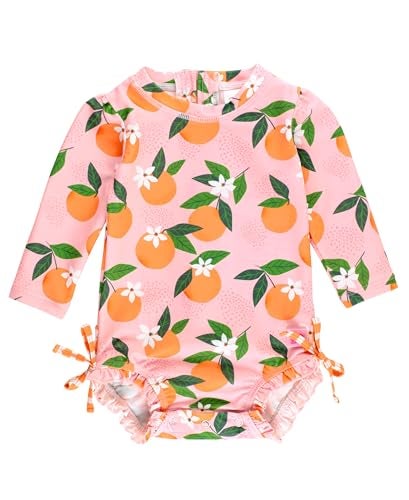 RuffleButts Baby Girls UPF 50 Sun Protection Novelty Print Long Sleeve One Piece Rash Guard Swimsuit with Zipper Orange You The Sweetest 1218m - Image 1