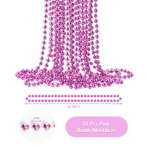 ZZYFGH 12 PCS Pink Beads Necklace, 33" Breast Cancer Bead Necklaces, Mardi Gras Beads Necklace, Breast Cancer Awareness Accessories Bead Necklaces BulkFestival Parade Throw Accessories for Wedding Birthday Gender Reveal Party Events Supplies - Image 2