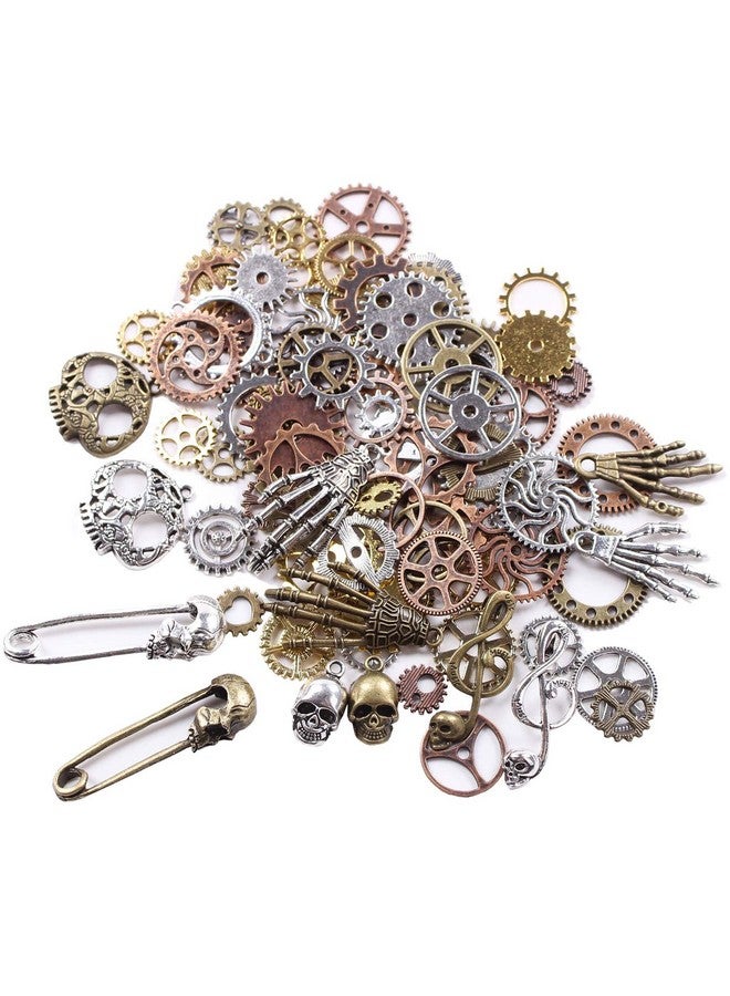 BIHRTC 140 Gram (Approx 92Pcs) Diy Assorted Color Antique Metal Steampunk Watch Gear Cog Wheel Skull Musical Note Skull Hand Safety Pin Charms Pendant For Crafting Jewelry Making Accessory  - Image 1