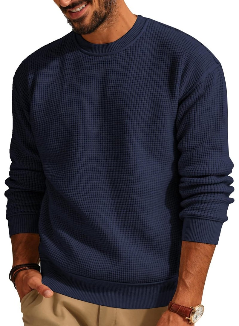 NIBEMINENT Solid Color Waffle Round Neck Men's Sweater Comfortable And Casual Simple Top Solid Color Commuting Pullover Sweater - Image 1