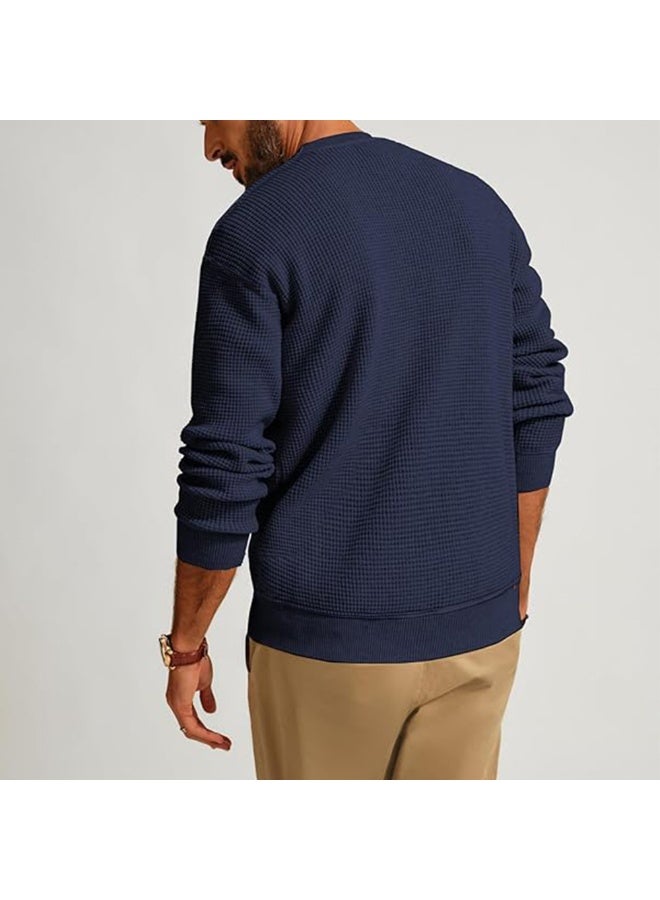 NIBEMINENT Solid Color Waffle Round Neck Men's Sweater Comfortable And Casual Simple Top Solid Color Commuting Pullover Sweater - Image 2