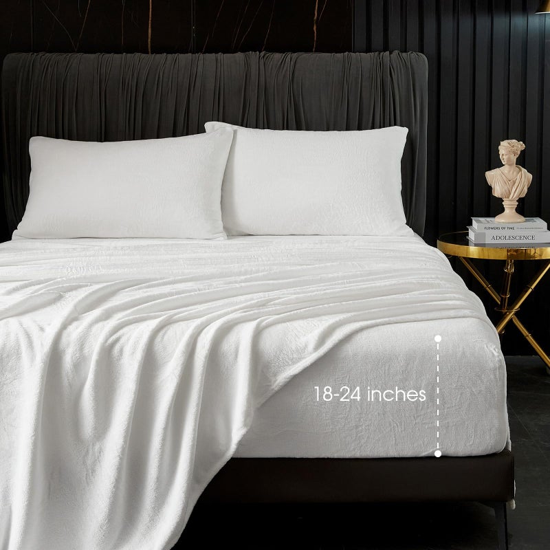 HYPREST 250 GSM Velvet Sheets Queen Extra Deep Pocket Sheet Set fits Mattress Up to 24 InchesHotel Luxury Soft White Fleece Plush Sheets Warm No Slip Bed Sheet Sets