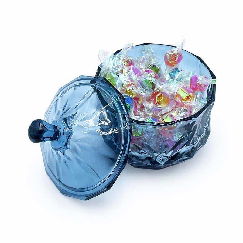 EWEIGEER 8oz Glass Candy Dish with Non-Airtight Lid,Small Crystal Candy Jar for Office Desk,Cotton Round Holder,Office,Bathroom,Dining Room Organizer (Gray Blue) - Image 5