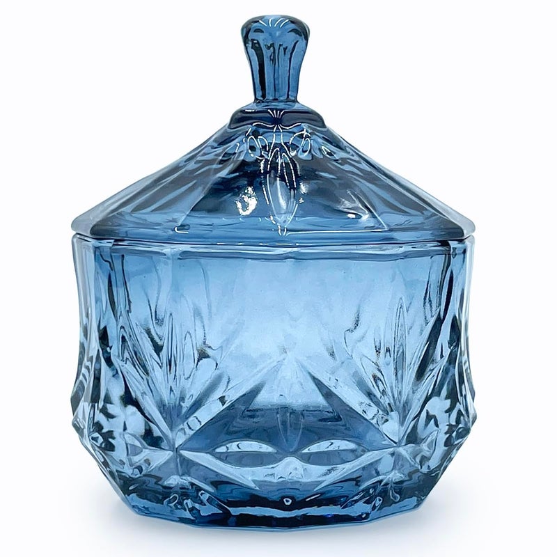 EWEIGEER 8oz Glass Candy Dish with Non-Airtight Lid,Small Crystal Candy Jar for Office Desk,Cotton Round Holder,Office,Bathroom,Dining Room Organizer (Gray Blue) - Image 1
