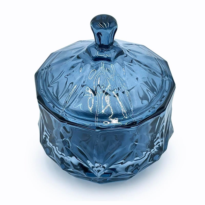 EWEIGEER 8oz Glass Candy Dish with Non-Airtight Lid,Small Crystal Candy Jar for Office Desk,Cotton Round Holder,Office,Bathroom,Dining Room Organizer (Gray Blue) - Image 2