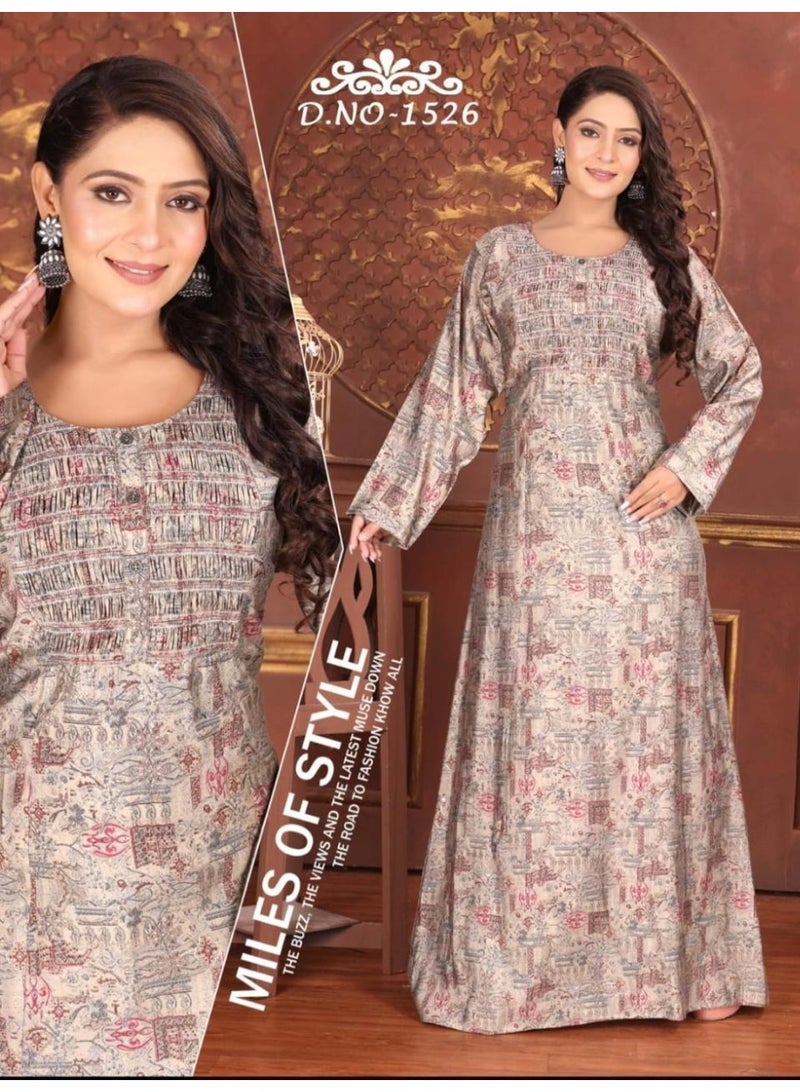 زينة فستان جلابية نسائي طويل فاخر من نسيج الحرير الصناعي - بخصر مطاطي وأكمام كاملة - طبعة مزخرفة بلمعان - للمناسبات - Image 2