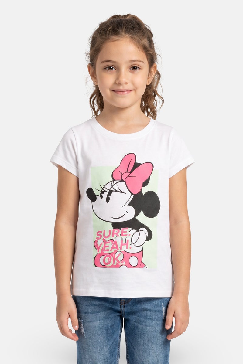 Disney Kids Girl Crew Neck Short Sleeve Mickey Minnie Print T-Shirt, White - Image 1