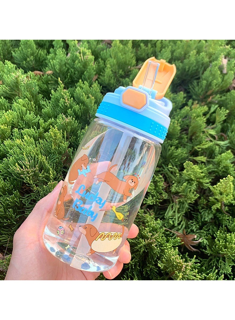 TOMSHOO Kids Water Bottle with Straw, 480ML Water Bottle BPA-Free for School, Children's Suction Nozzle Plastic Scale Cup Portable Pop Up Cover Learning Drinking Straw Cup (Blue) - Image 1