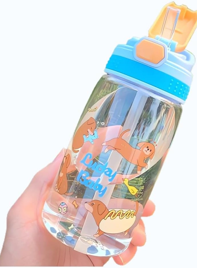 TOMSHOO Kids Water Bottle with Straw, 480ML Water Bottle BPA-Free for School, Children's Suction Nozzle Plastic Scale Cup Portable Pop Up Cover Learning Drinking Straw Cup (Blue) - Image 2