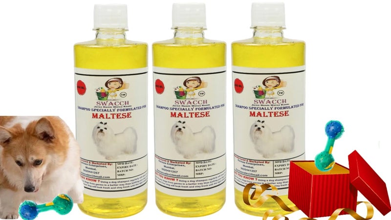 swacch Maltese Dog Shampoo + Dumbbell Toy I Durable Rubber Dog Toy for Chewing I Playing,Teeth Cleaning & Training Toy I Combo Pack I 500ml Pack of 3 Lemon - Image 1