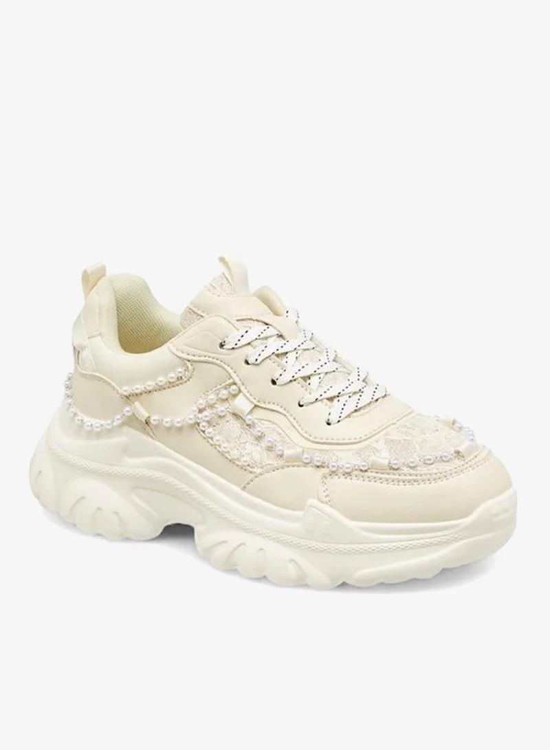 ميسي Embellished Lace-Up Sneakers With Pull Tab