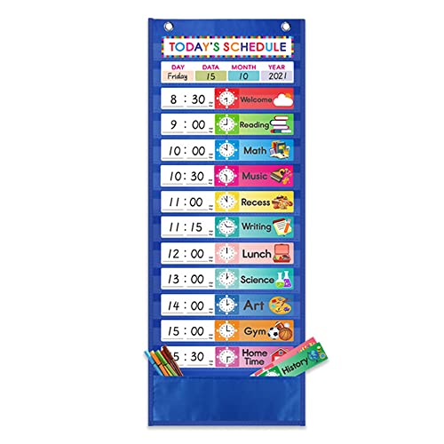 Amzoya Daily Schedule Pocket Chart. Kids Chart with 15 Dry-Eraser Cards. 13+1 Pockets. for Classroom & Home (Blue) - Image 1