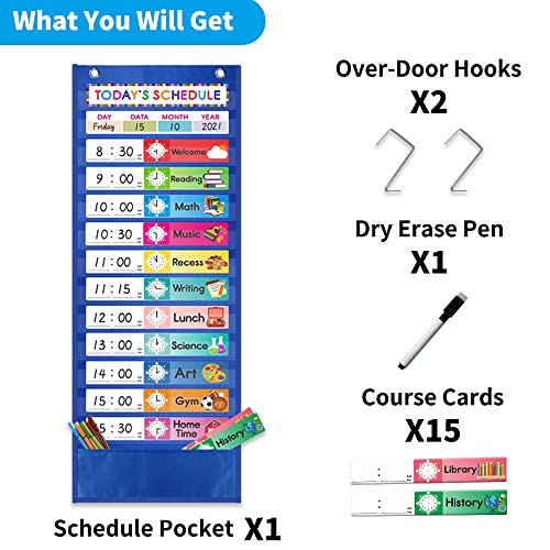 Amzoya Daily Schedule Pocket Chart. Kids Chart with 15 Dry-Eraser Cards. 13+1 Pockets. for Classroom & Home (Blue) - Image 2